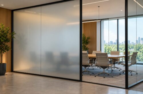 Sala de reuniones con paneles de vidrio transparentes y translúcidos en una mampara