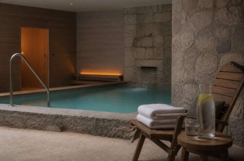 Zona tranquila de spa con piscina, toallas y agua