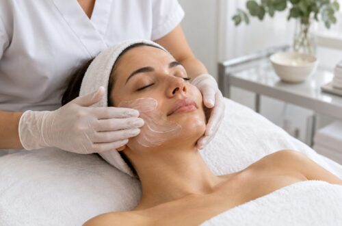 Profesional aplicando crema en la mejilla de una mujer durante un tratamiento facial