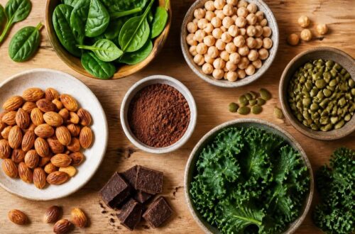Alimentos ricos en magnesio y zinc dispuestos en cuencos sobre una mesa