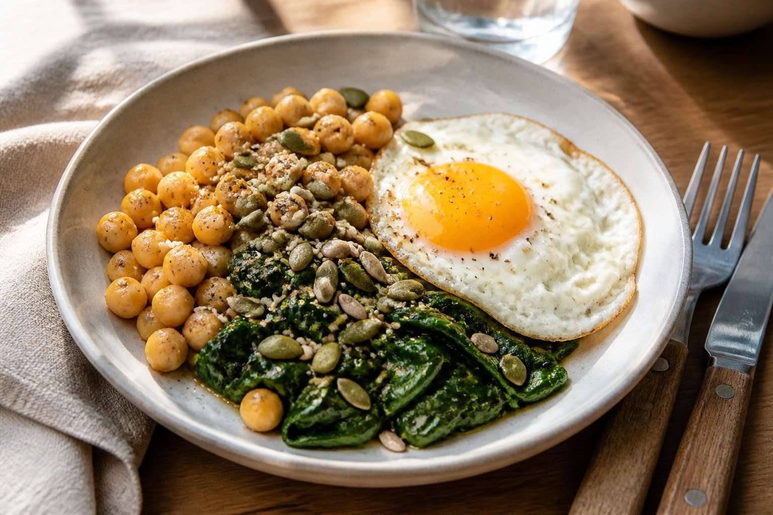 Plato completo con garbanzos, huevo, semillas y verduras de hoja verde